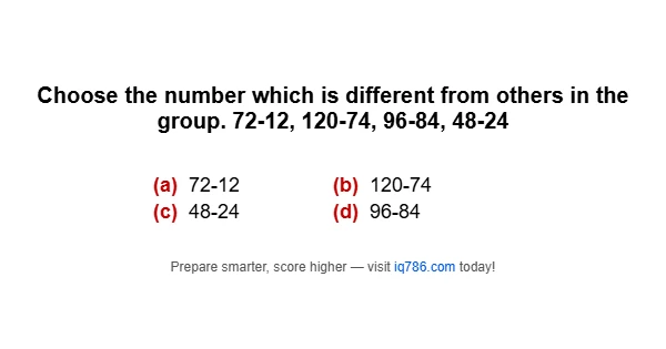 Choose the number which is different from others in the group. 72-12, 120-74, 96-84, 48-24