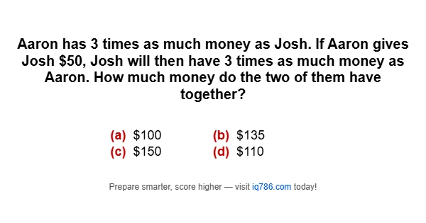 Aaron has 3 times as much money as Josh. If Aaron gives Josh $50, Josh will then have 3 times as much money as Aaron. How much money do the two of them have together?