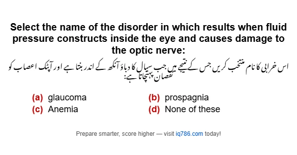 Select the name of the disorder in which results when fluid pressure constructs inside the eye and causes damage to the optic nerve: