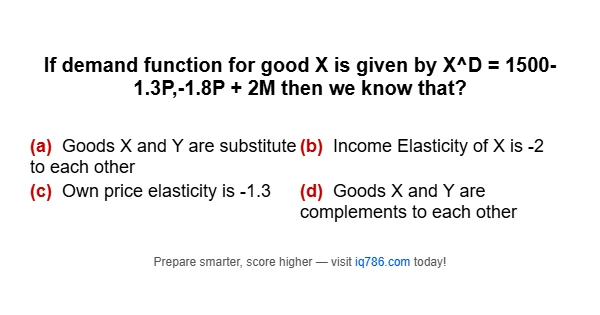 If demand function for good X is given by X^D = 1500-1.3P,-1.8P + 2M then we know that?