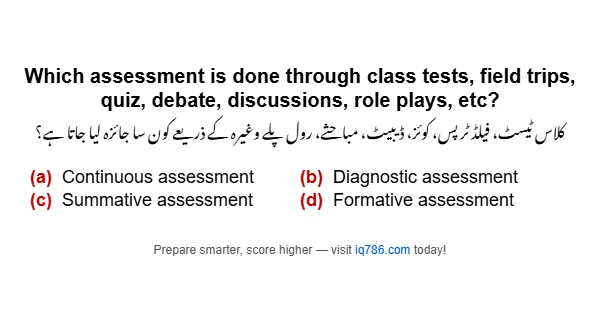 Which assessment is done through class tests, field trips, quiz, debate, discussions, role plays, etc?